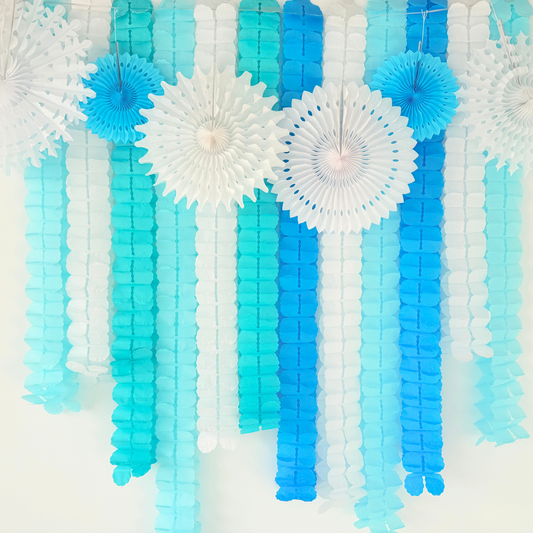 Blue white ice frozen style paper honey comb flower garland and fan decoration display