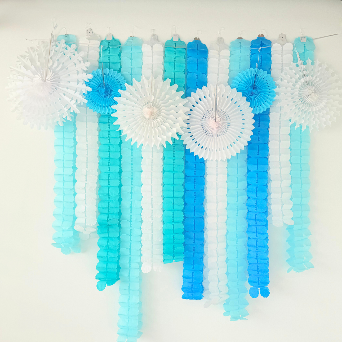 Blue white ice frozen style paper honey comb flower garland and fan decoration display