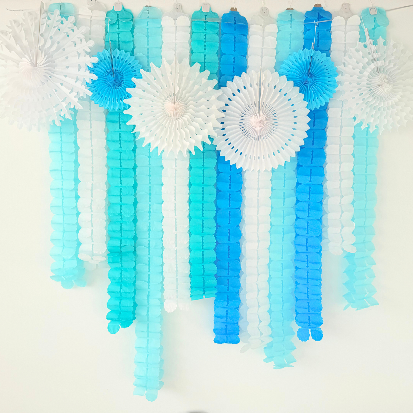 Blue white ice frozen style paper honey comb flower garland and fan decoration display