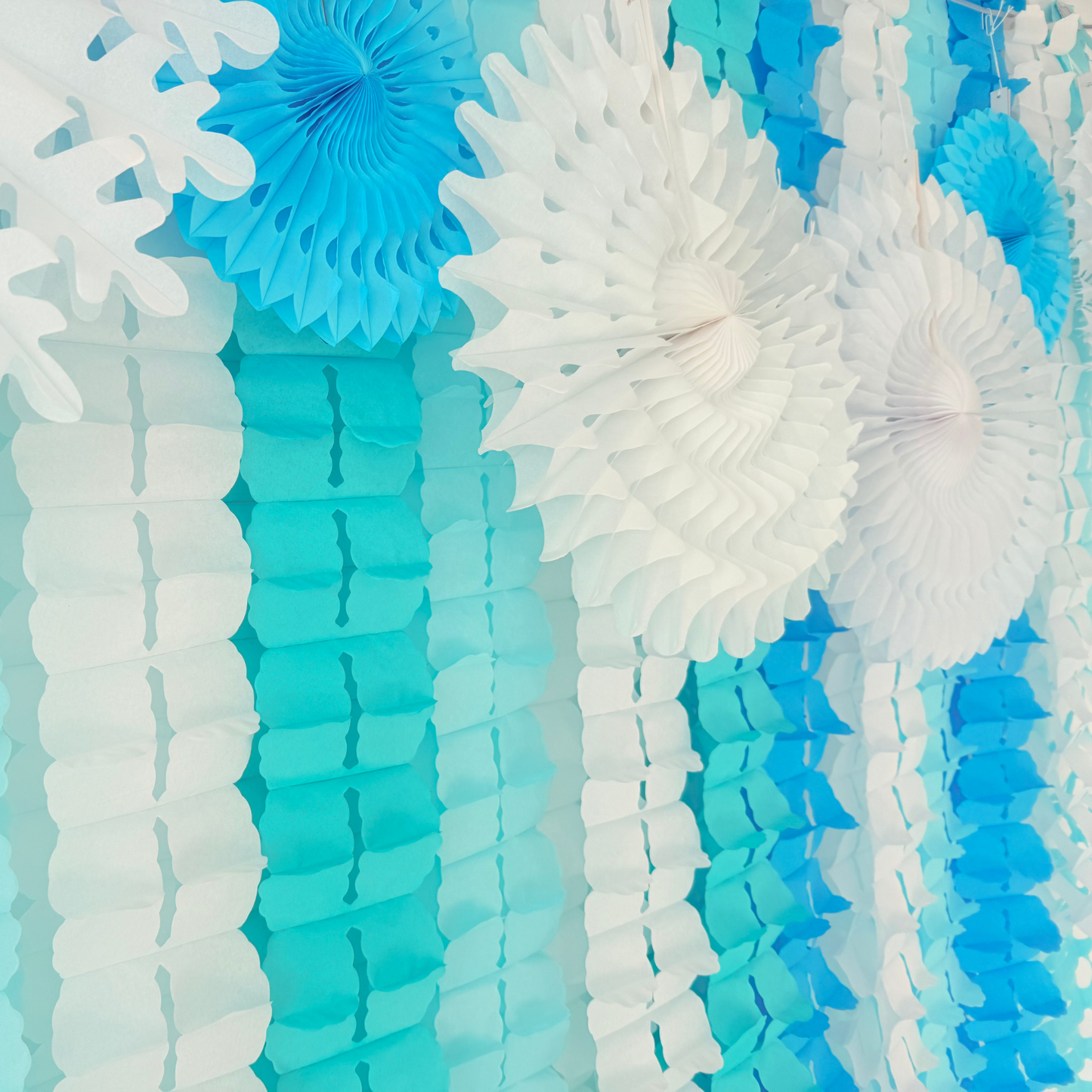 Blue white ice frozen style paper honey comb flower garland and fan decoration display