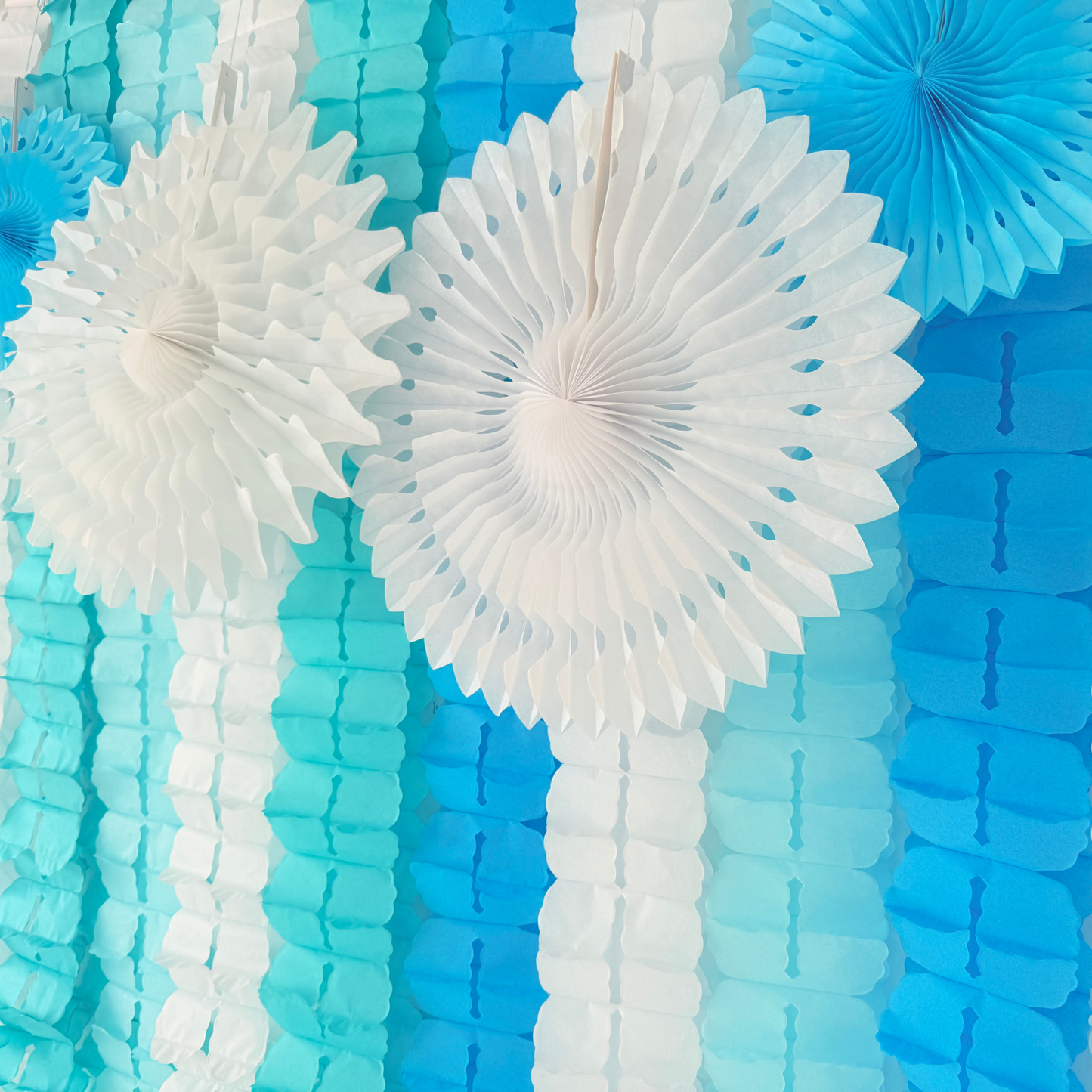 Blue white ice frozen style paper honey comb flower garland and fan decoration display