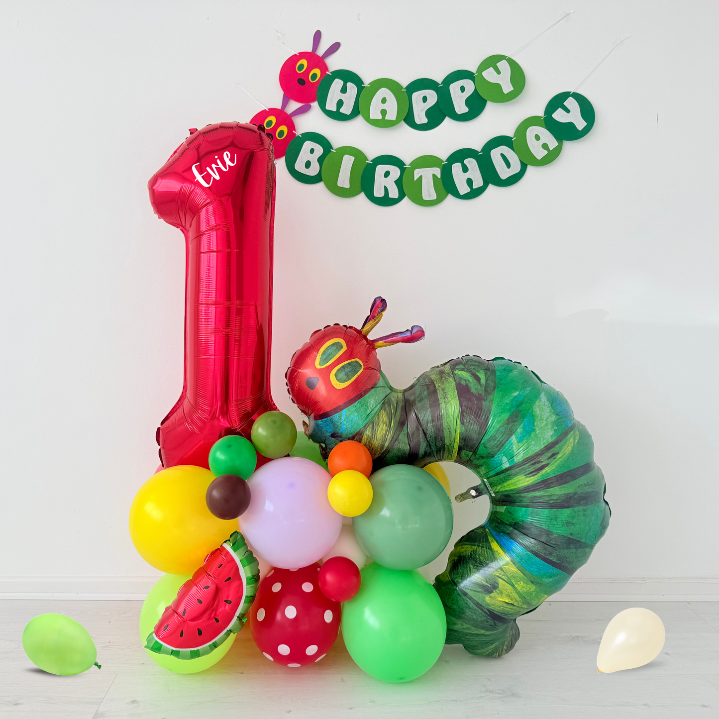 Personalised The Very Hungry Caterpillar balloon bouquet stand 1st 2nd birthday display