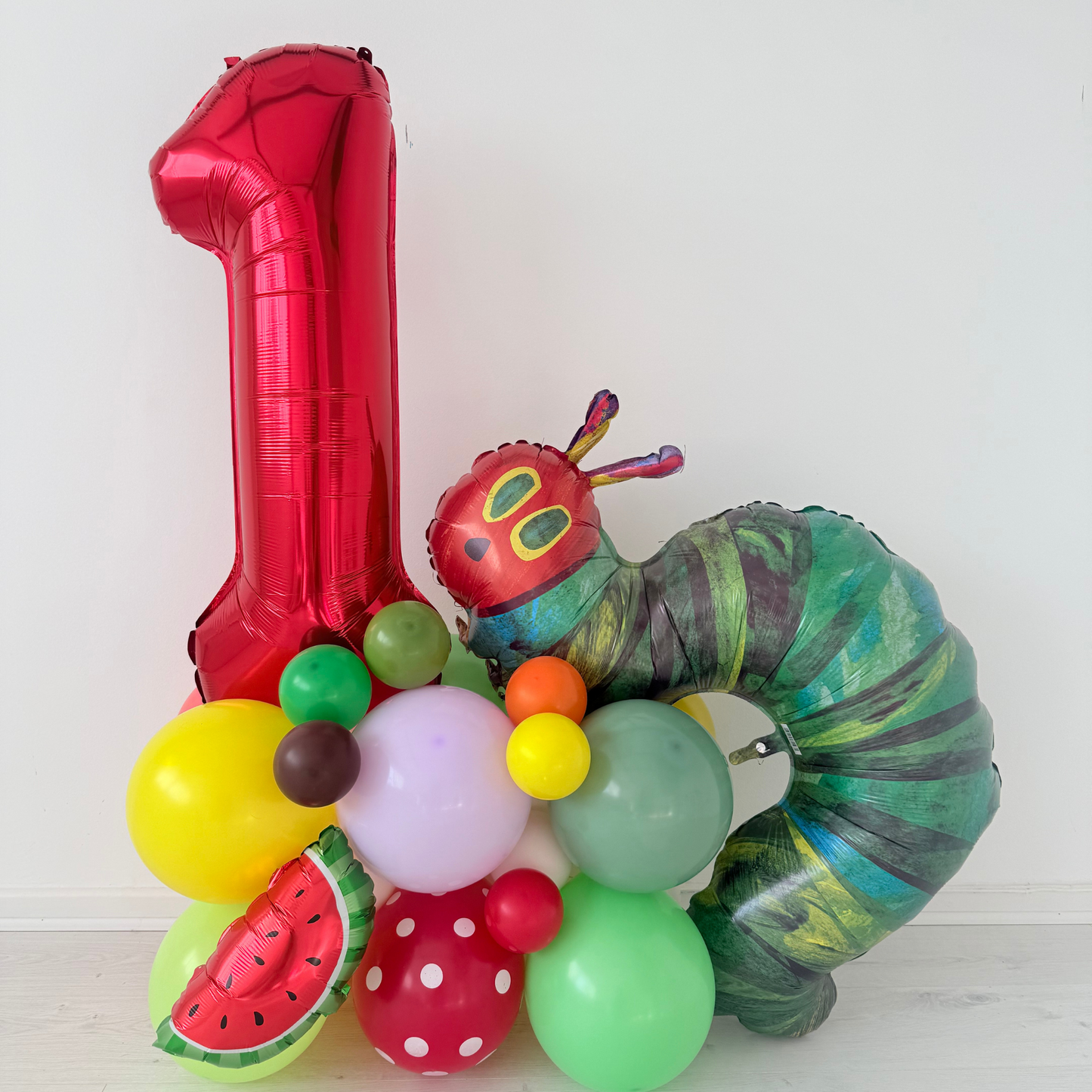 Personalised The Very Hungry Caterpillar balloon bouquet stand 1st 2nd birthday display