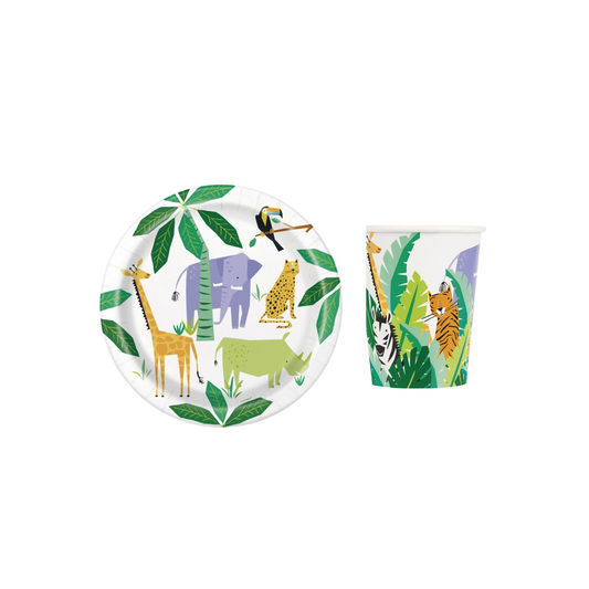 Jungle animal birthday party 9" plates 8-pack and matching cups