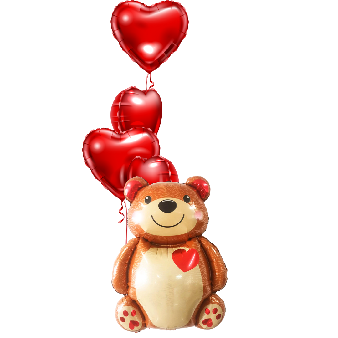 TEDDY bear balloon with 4pcs love heart, baby shower christening birthday valentines day engagement decoration