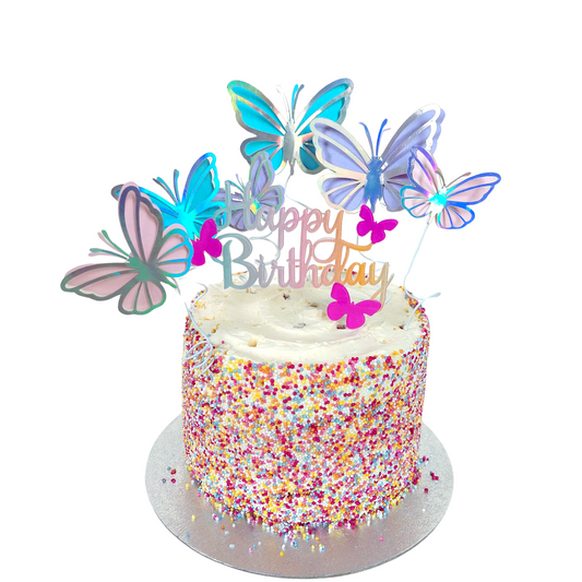 Iridescent butterfly cake toppers pink rainbow happy birthday acrylic cake decoration girl birthday decoration