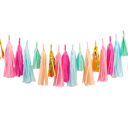 Paper Tassel Garland blue hot pink peach gold tropical summer style