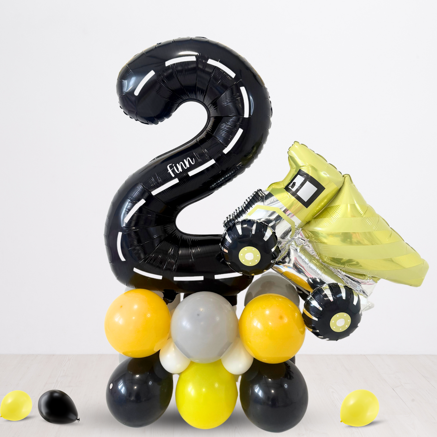 Personalised black yellow Car Vehicle diggers Birthday Balloon Bouquet stand