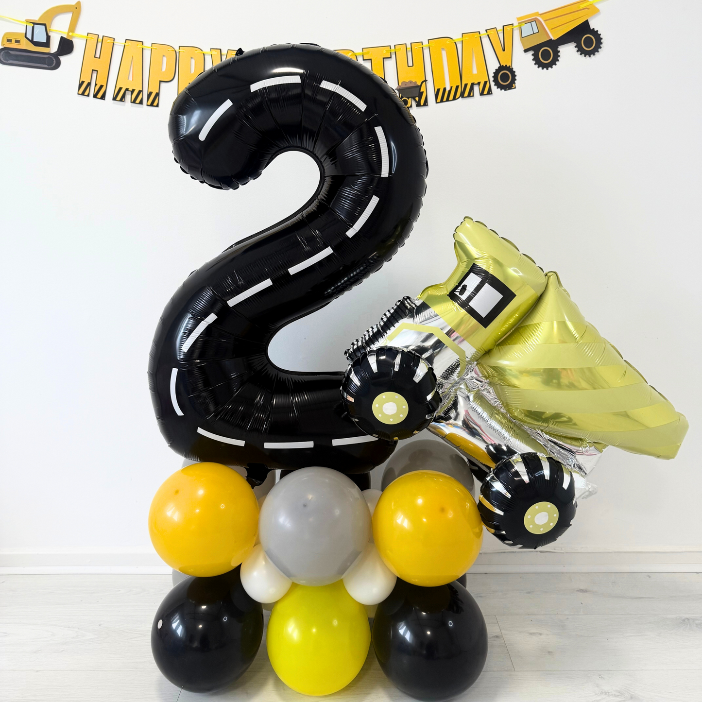 Personalised black yellow Car Vehicle diggers Birthday Balloon Bouquet stand