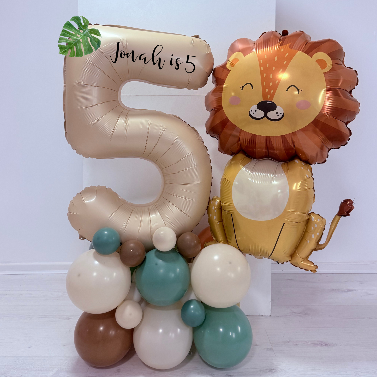 Personalised Girls boys children zoo animal lion big jungle safari balloon stack sculpture bouquet display with 40inch number