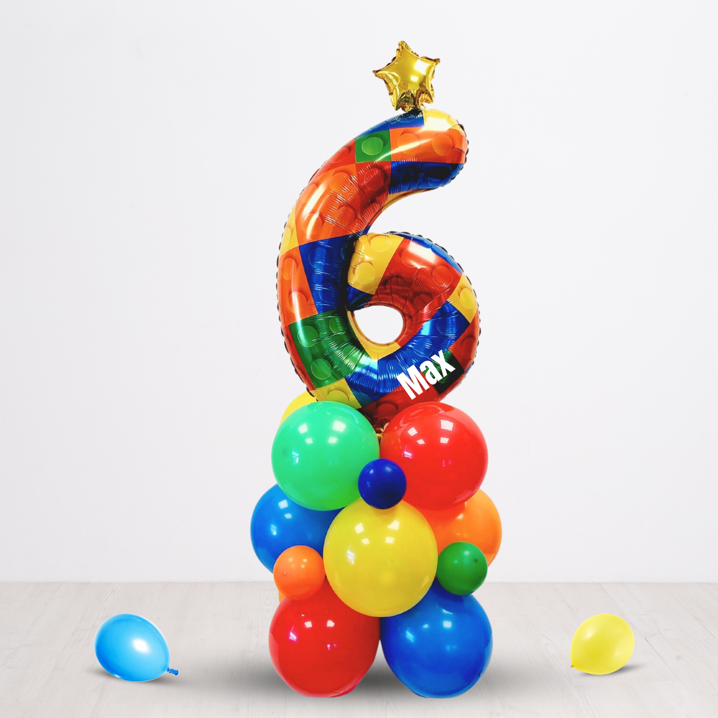 Rainbow building blocks boys birthday balloon sculpture bouquet