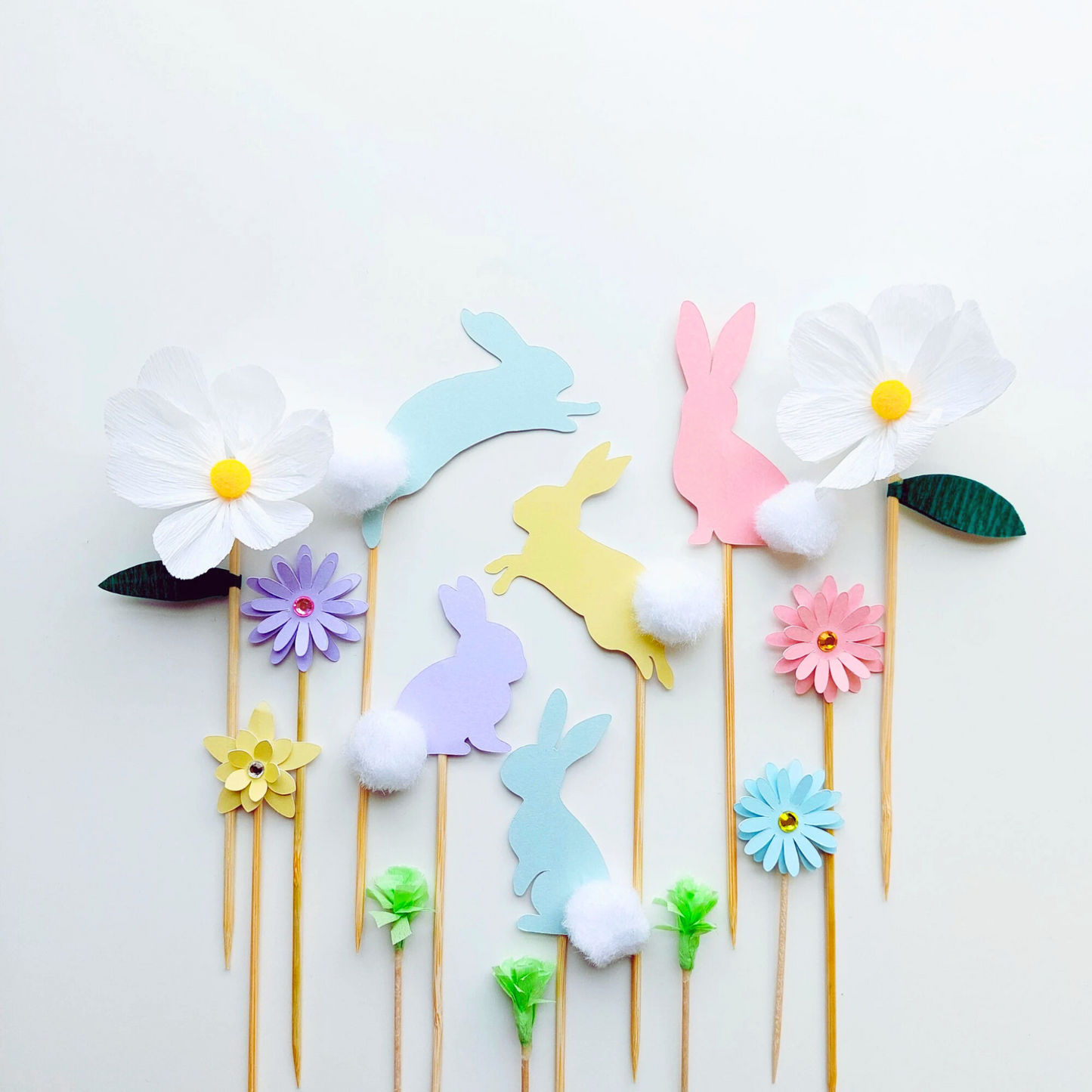 Pastel Easter flowers rabbits bunny cake toppers paper cake decoration girl birthday decoration