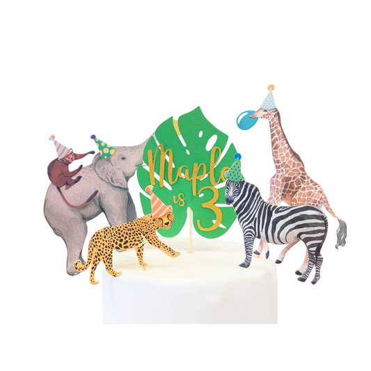 Personalised leaf Jungle Animal Birthday Cake Topper Set