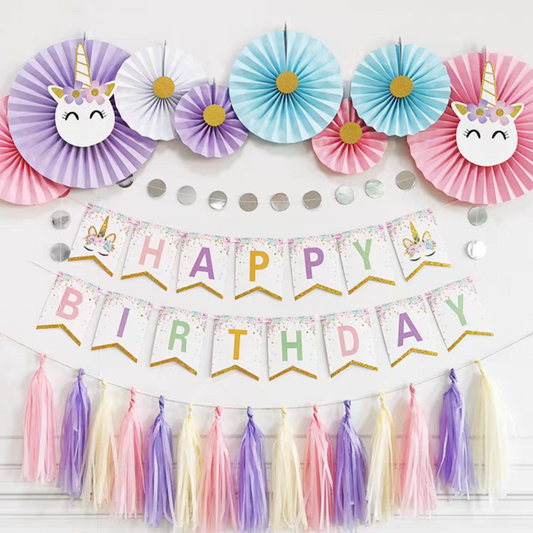 Unicorn fan tissue tassel bunting banner birthday decoration set