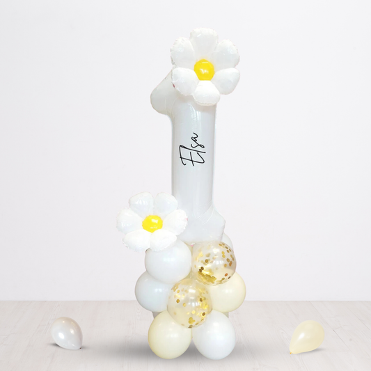 Gold confetti and pastel yellow daisy balloon sculpture bouquet sculpture