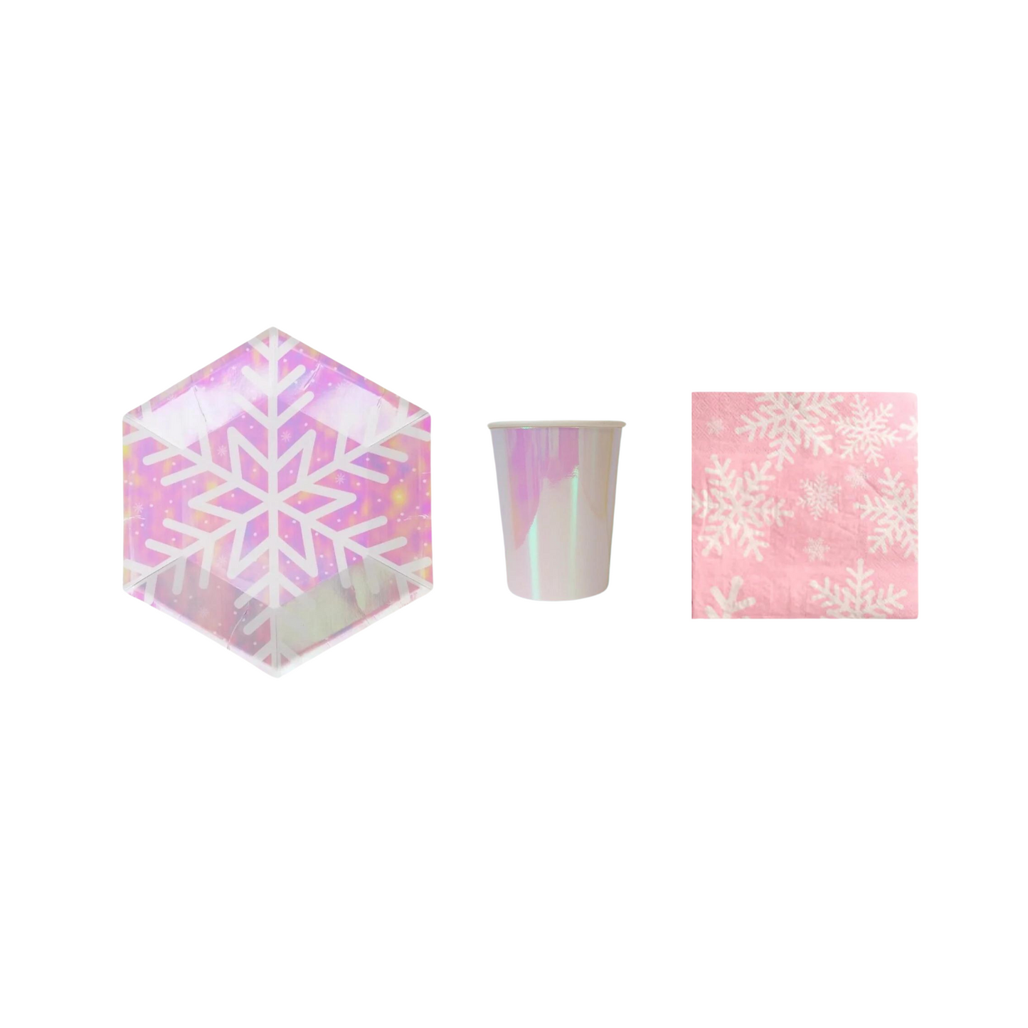 8-pack iridescent snowflakes paper plates cups set