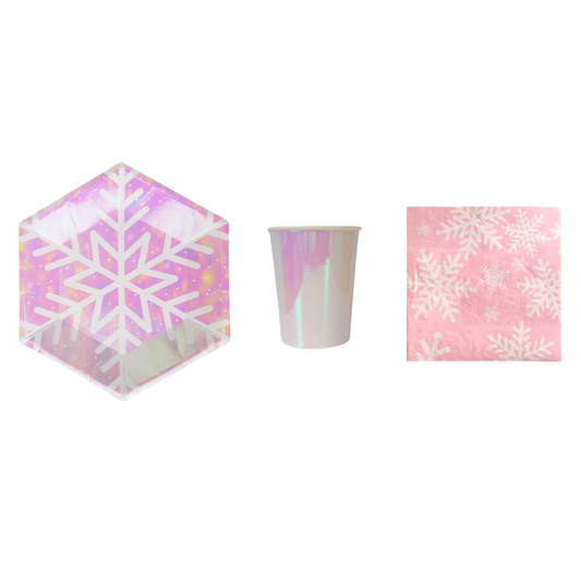 8-pack iridescent snowflakes paper plates cups set