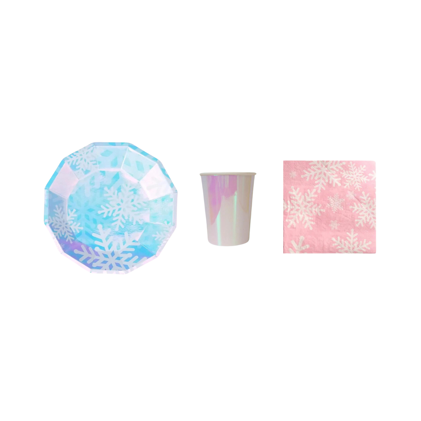 8-pack iridescent snowflakes paper plates cups set