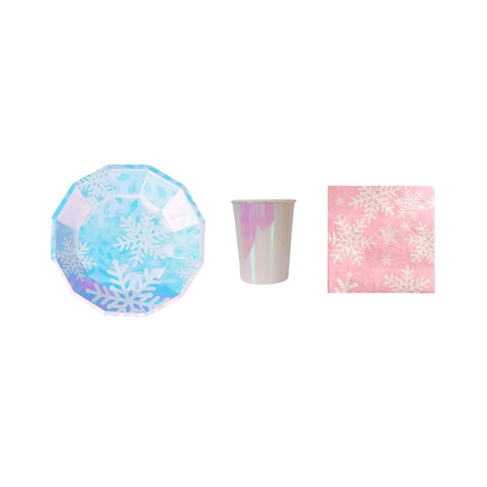 8-pack iridescent snowflakes paper plates cups set