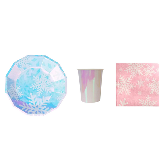 8-pack iridescent snowflakes paper plates cups set