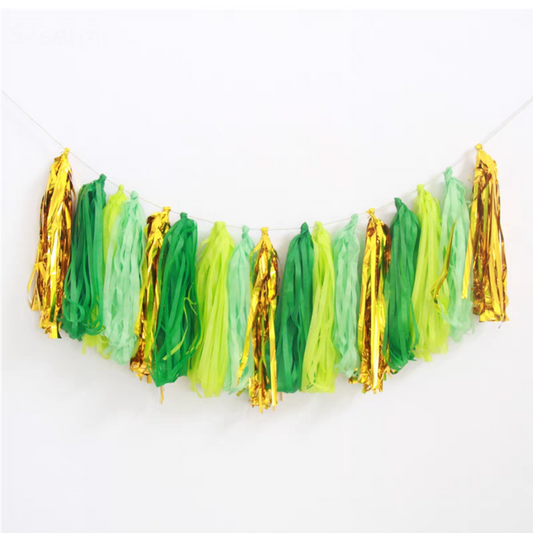 Lime green mint gold forest jungle animal dinosaur style paper tissue tassel garland