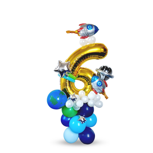 Outer space science blue green rocket universe girls Birthday Balloon sculpture bouquet