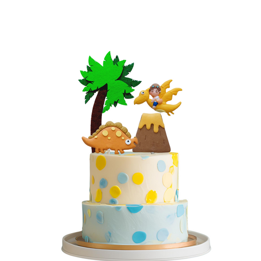 Felt Coconut tree and Clay Volcano Dinosaurs Cake Topper set