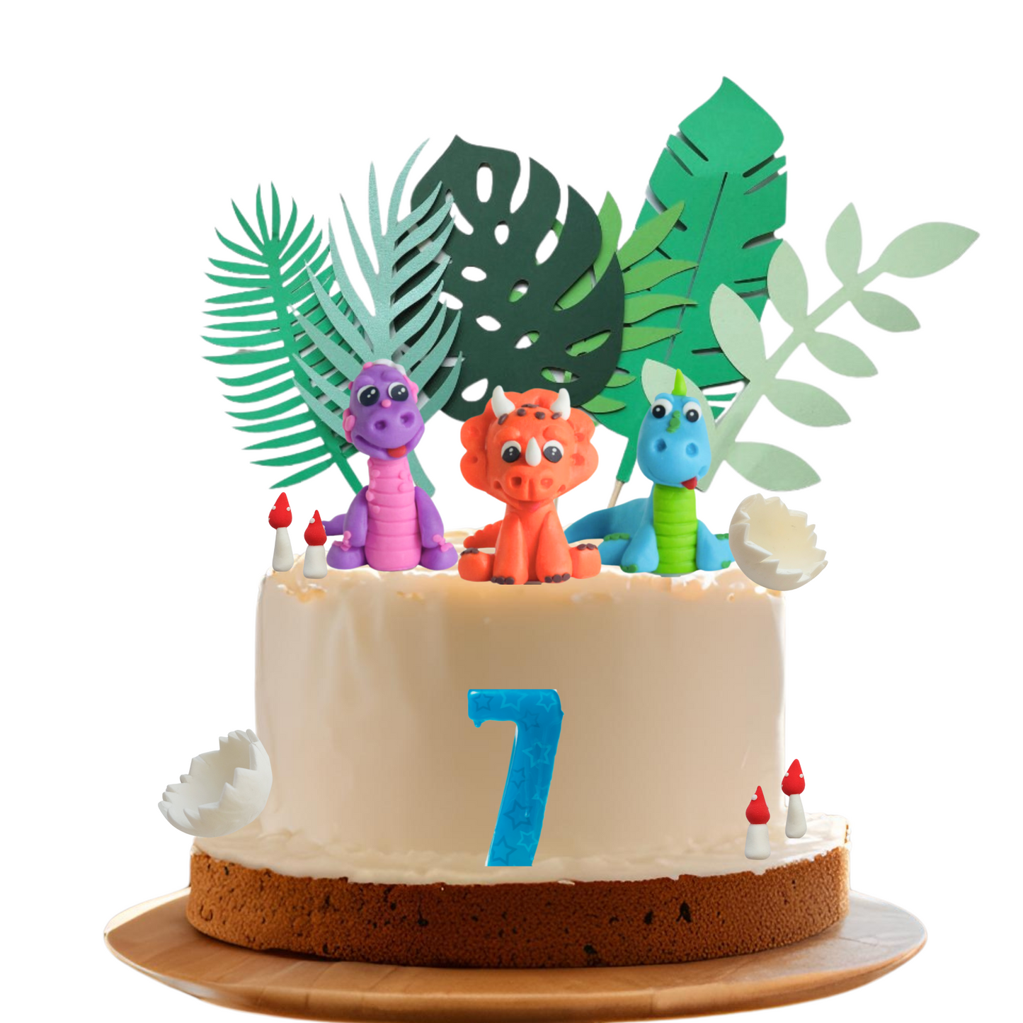 Clay Dinosaurs leaves mushroom egg shells Cake Topper set