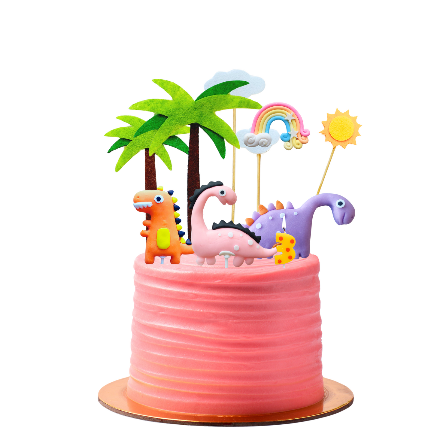 Pink purple orange clay Dinosaurs rainbow and Coconut Trees Cake Topper set