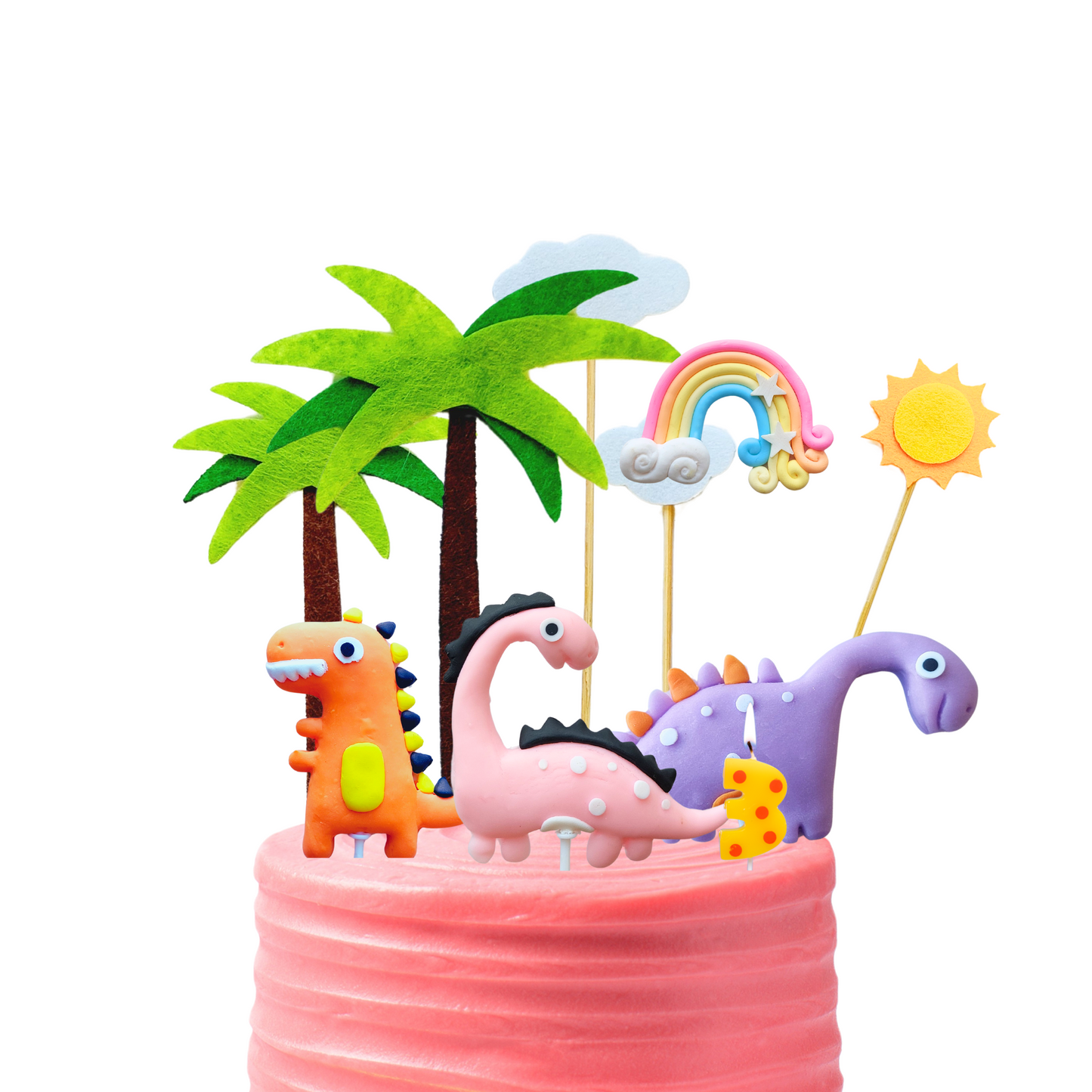 Pink purple orange clay Dinosaurs rainbow and Coconut Trees Cake Topper set