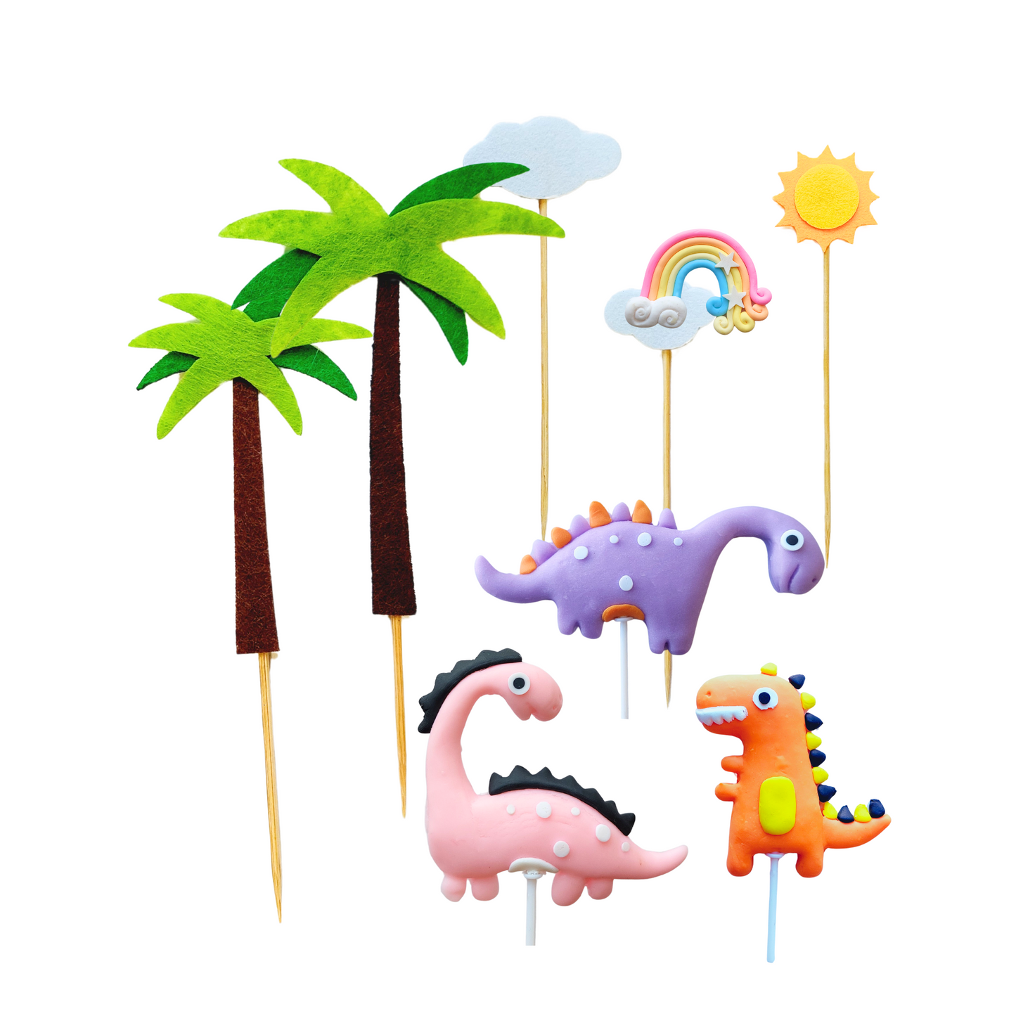 Pink purple orange clay Dinosaurs rainbow and Coconut Trees Cake Topper set