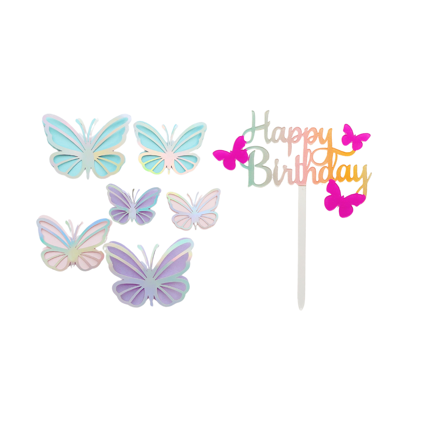 Iridescent butterfly cake toppers pink rainbow happy birthday acrylic cake decoration girl birthday decoration