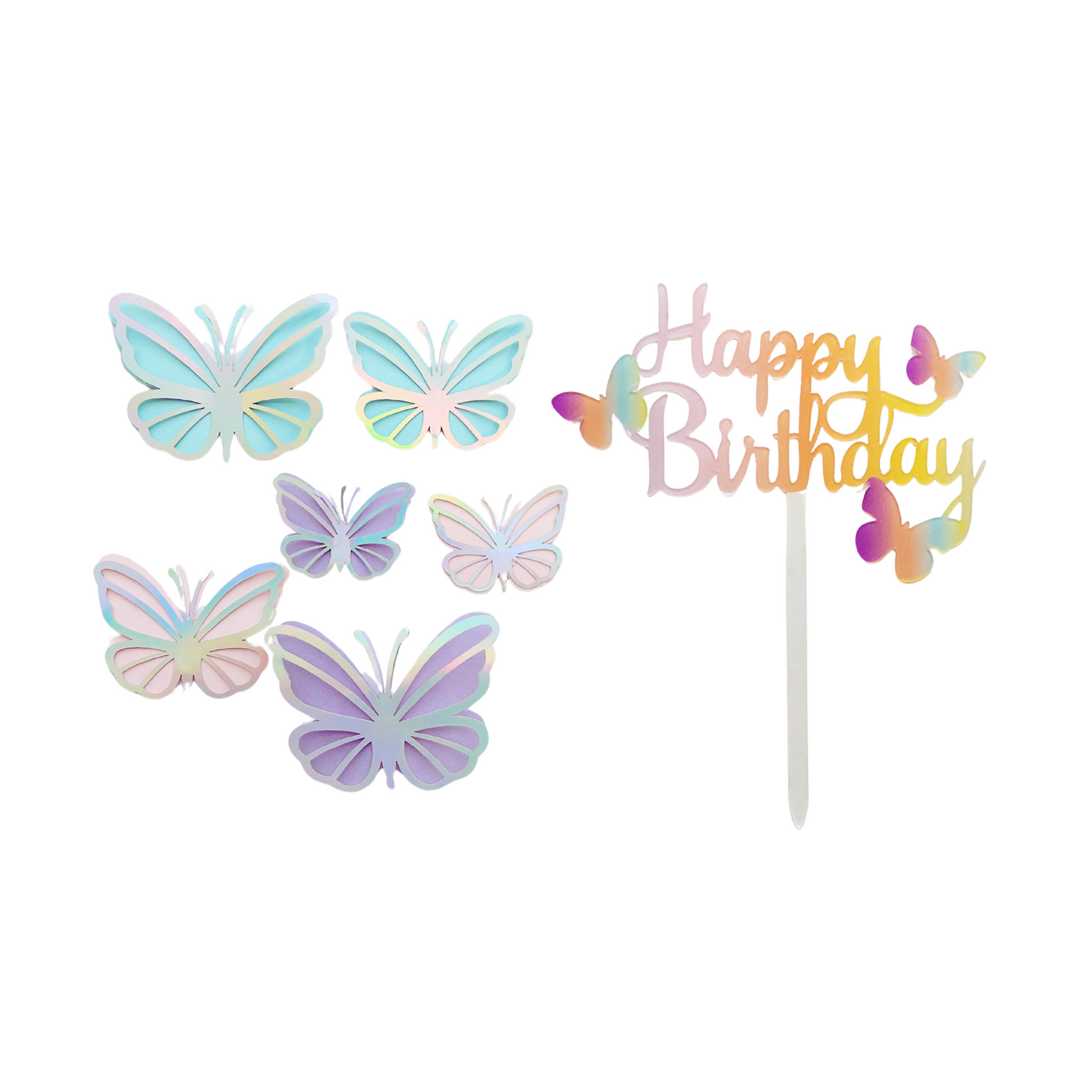 Iridescent butterfly cake toppers pink rainbow happy birthday acrylic cake decoration girl birthday decoration