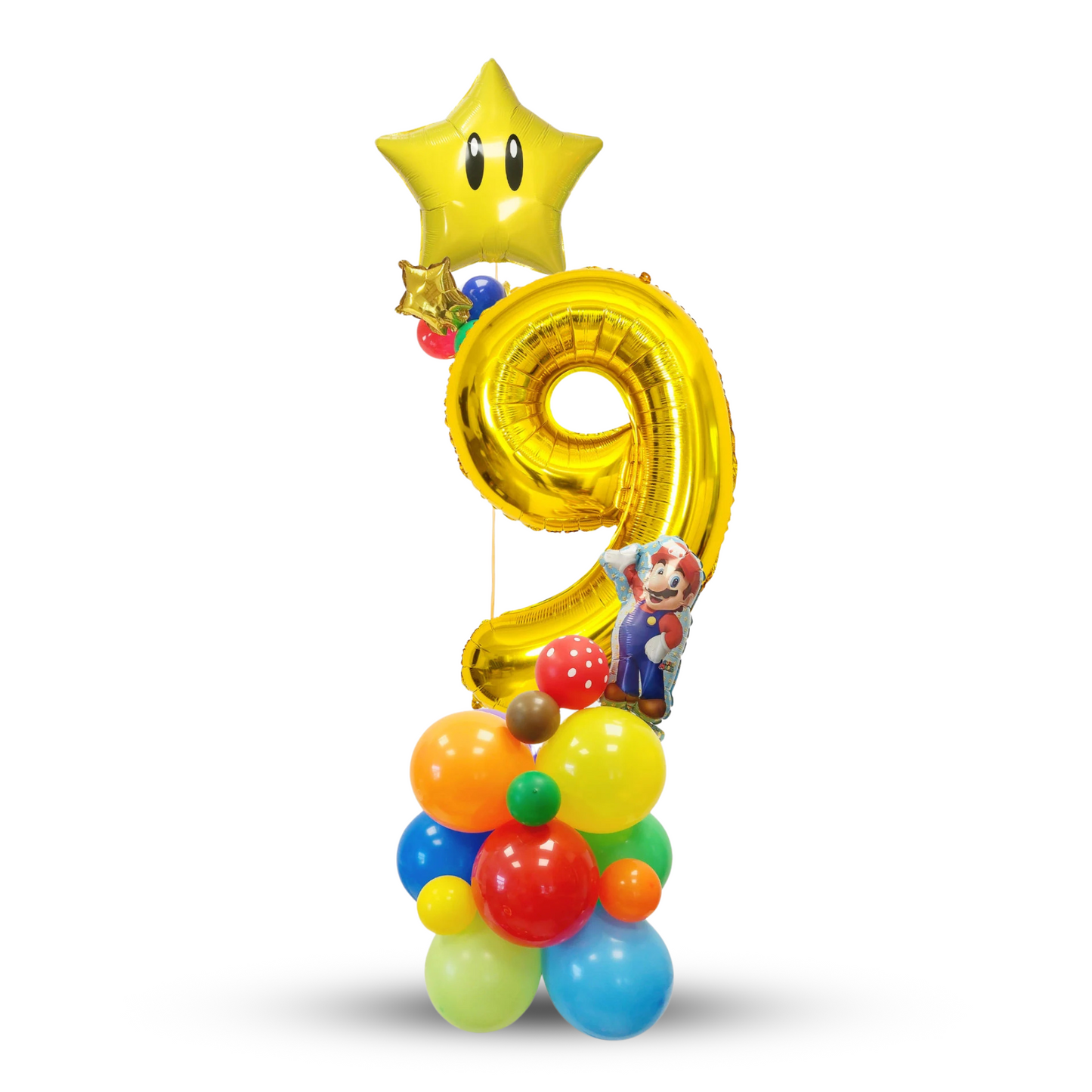 Personalised super Mario rainbow mushroom star balloon stack bouquet girls boys kids children adults display 40inch gold number sculpture