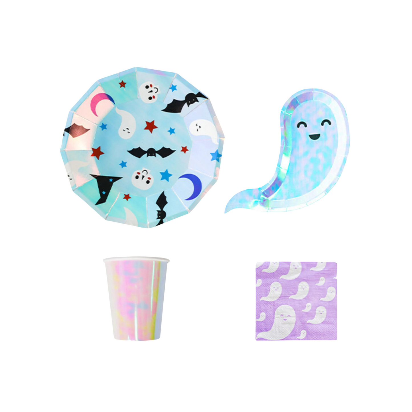 8-pack iridescent halloween ghosts paper plates cups set