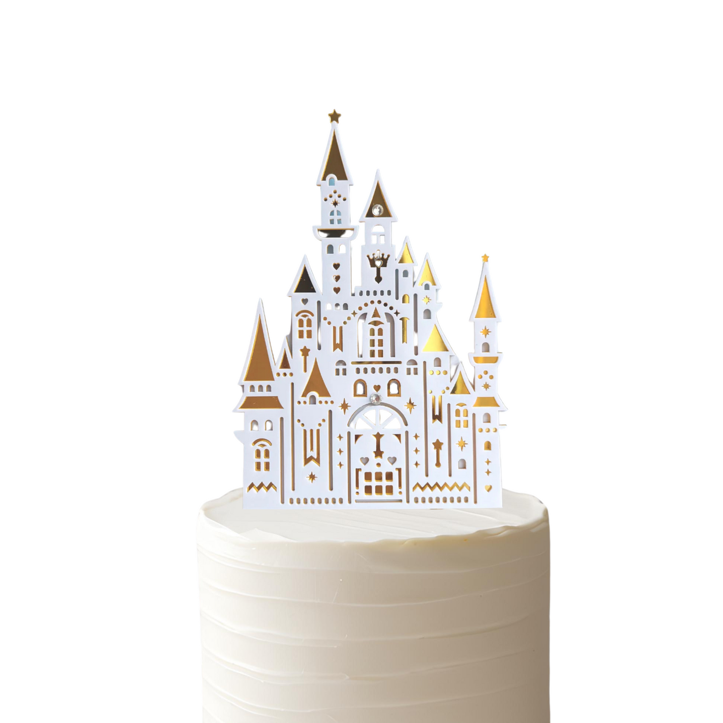 White and gold princess castle acrylic cake topper