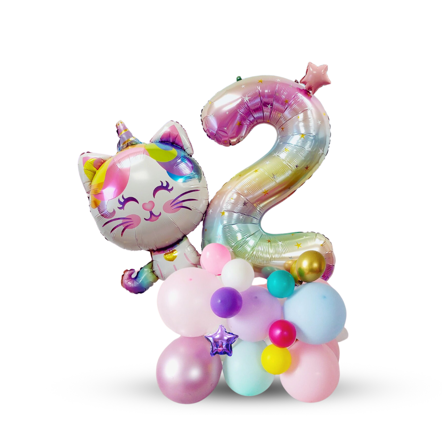 Rainbow unicorn cat stars girls birthday balloon sculpture bouquet