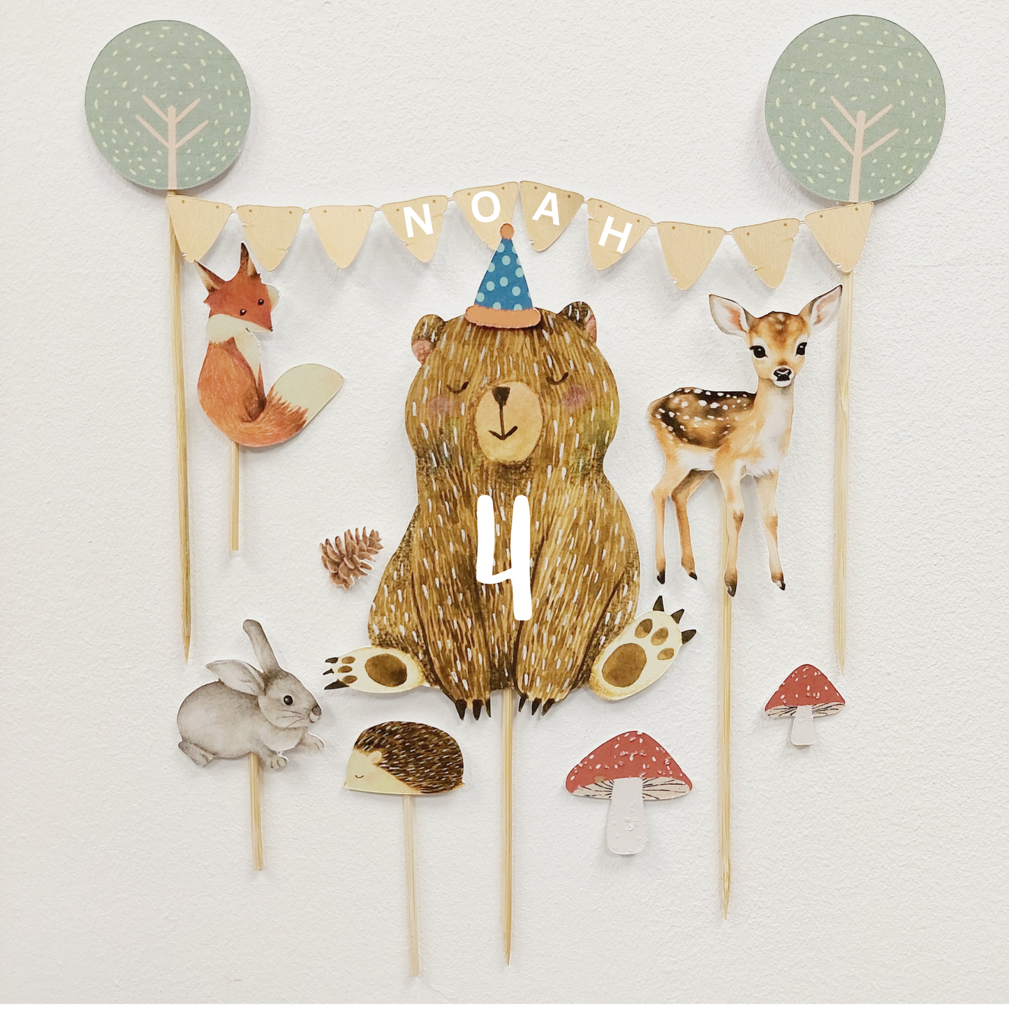 Personalised Woodland Bear Animal cake topper set