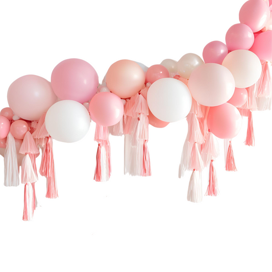 Ballerina style pastel pink white balloon garland with tassels