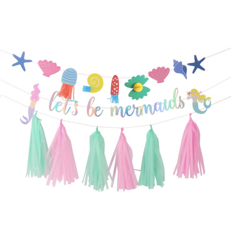 Pastel mermaid under the sea paper tassel birthday bunting banner garland