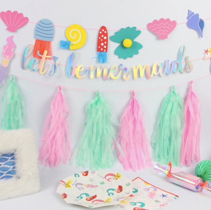 Pastel mermaid under the sea paper tassel birthday bunting banner garland