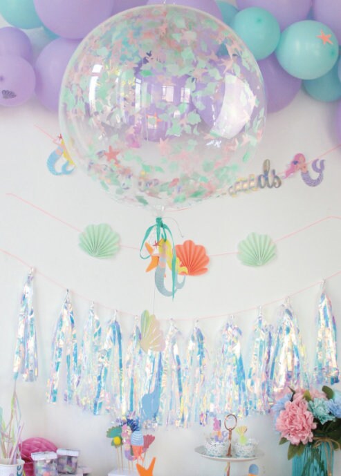 Mermaid confetti bubble balloons with bunting tails