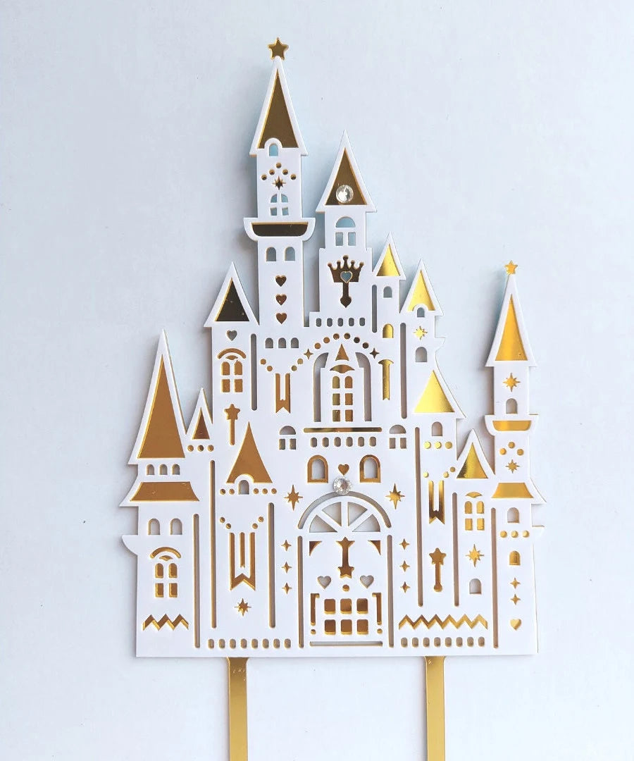 White and gold princess castle acrylic cake topper