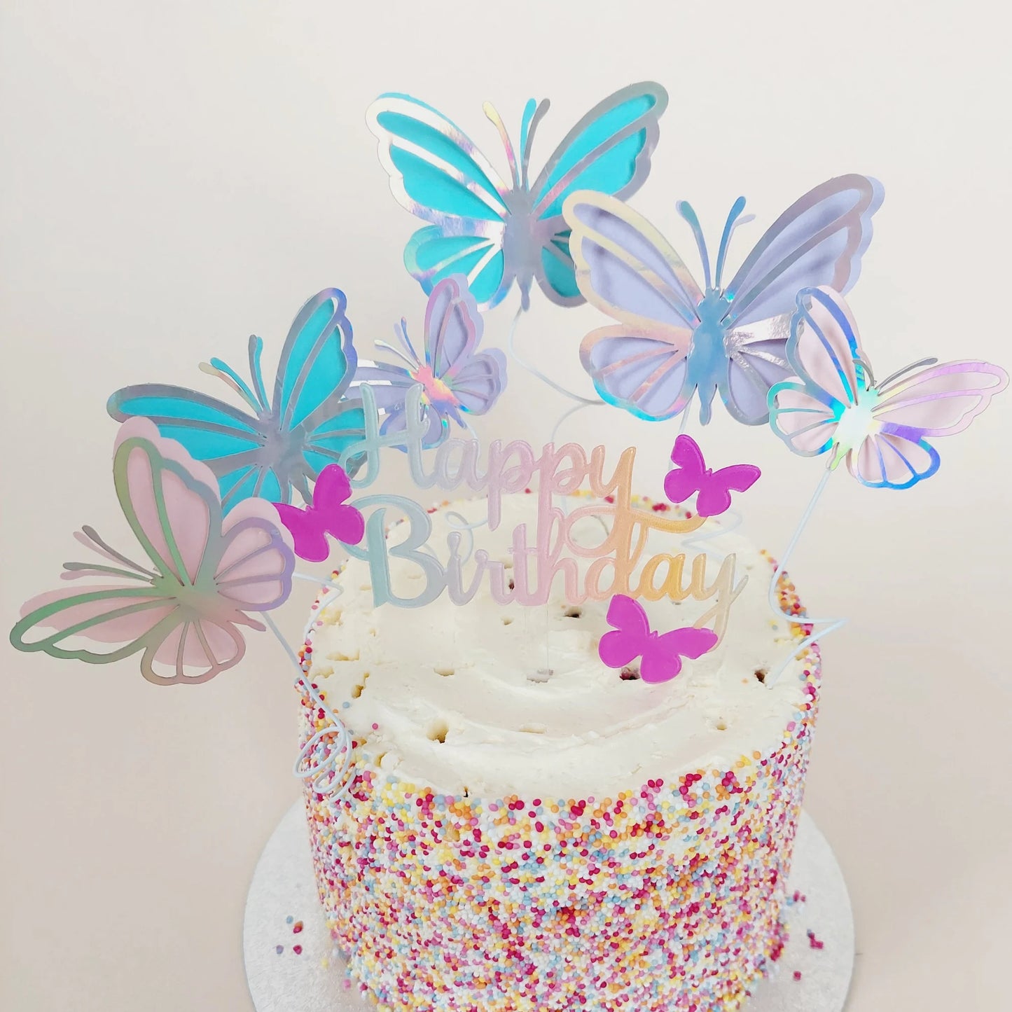 Iridescent butterfly cake toppers pink rainbow happy birthday acrylic cake decoration girl birthday decoration