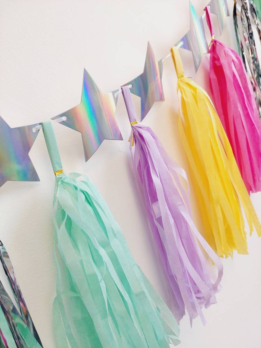 Specially designed girls large shooting stars tissue tassel garland birthday decoration bunting garland pastel rainbow