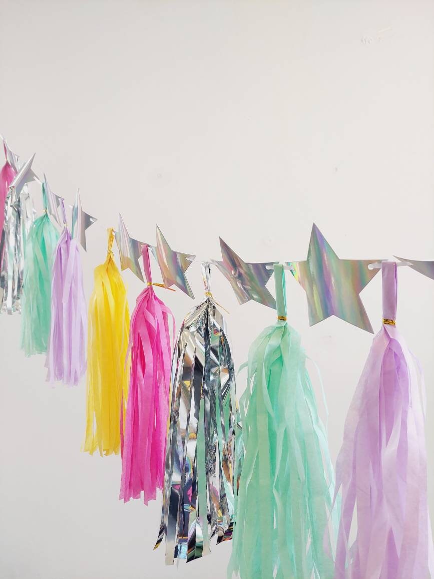 Specially designed girls large shooting stars tissue tassel garland birthday decoration bunting garland pastel rainbow