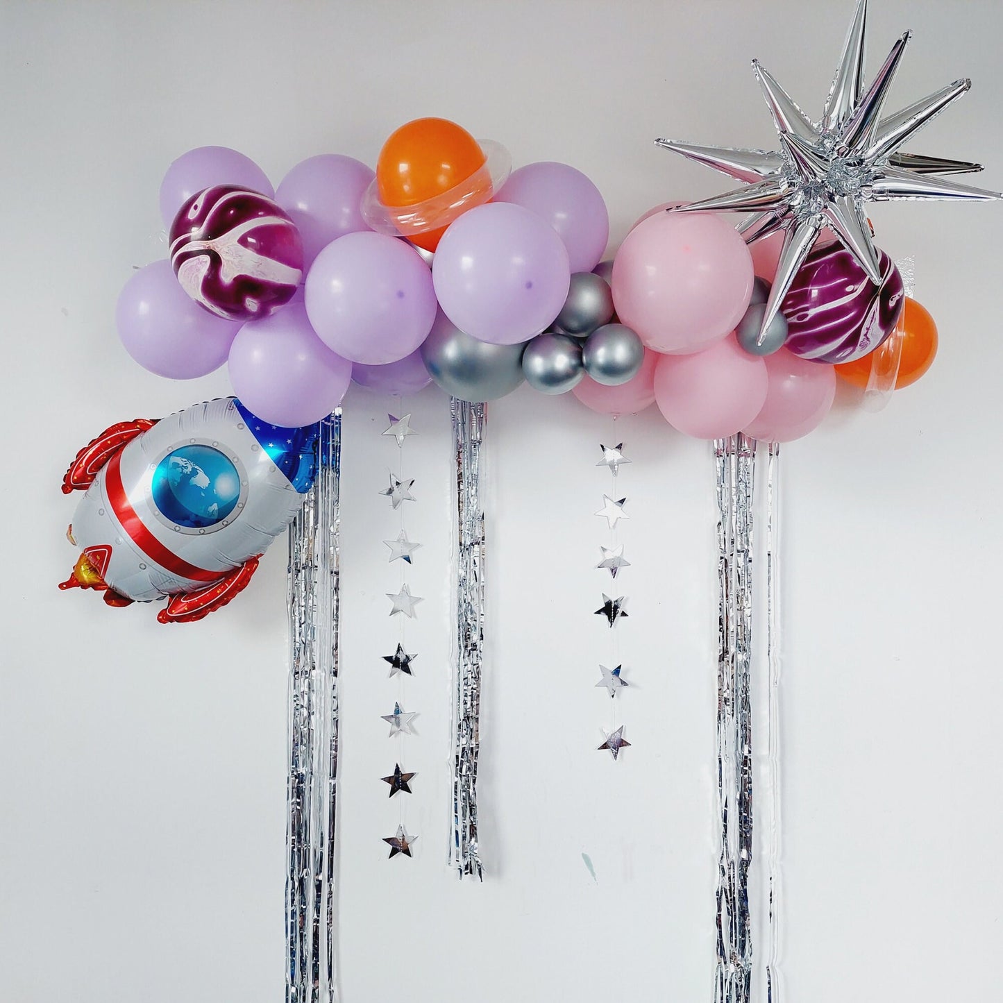 Outer space science pink purple rocket universe girls Birthday Balloon garland