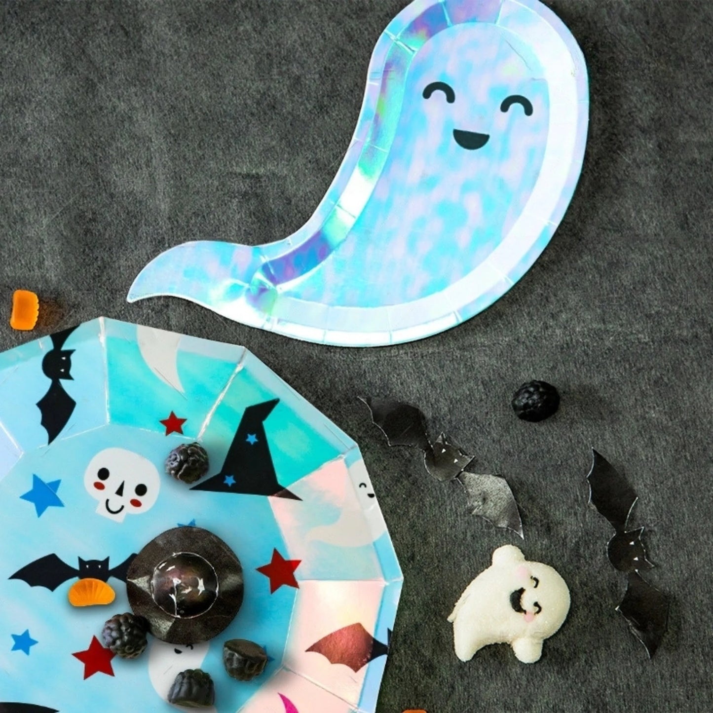 8-pack iridescent halloween ghosts paper plates cups set