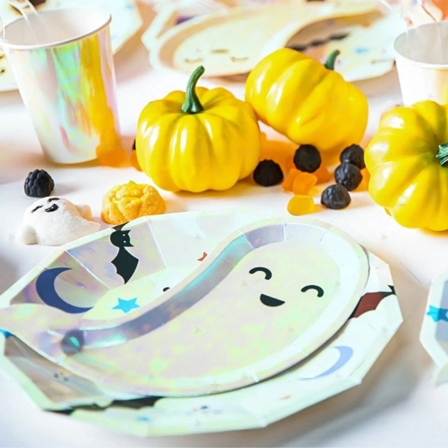 8-pack iridescent halloween ghosts paper plates cups set