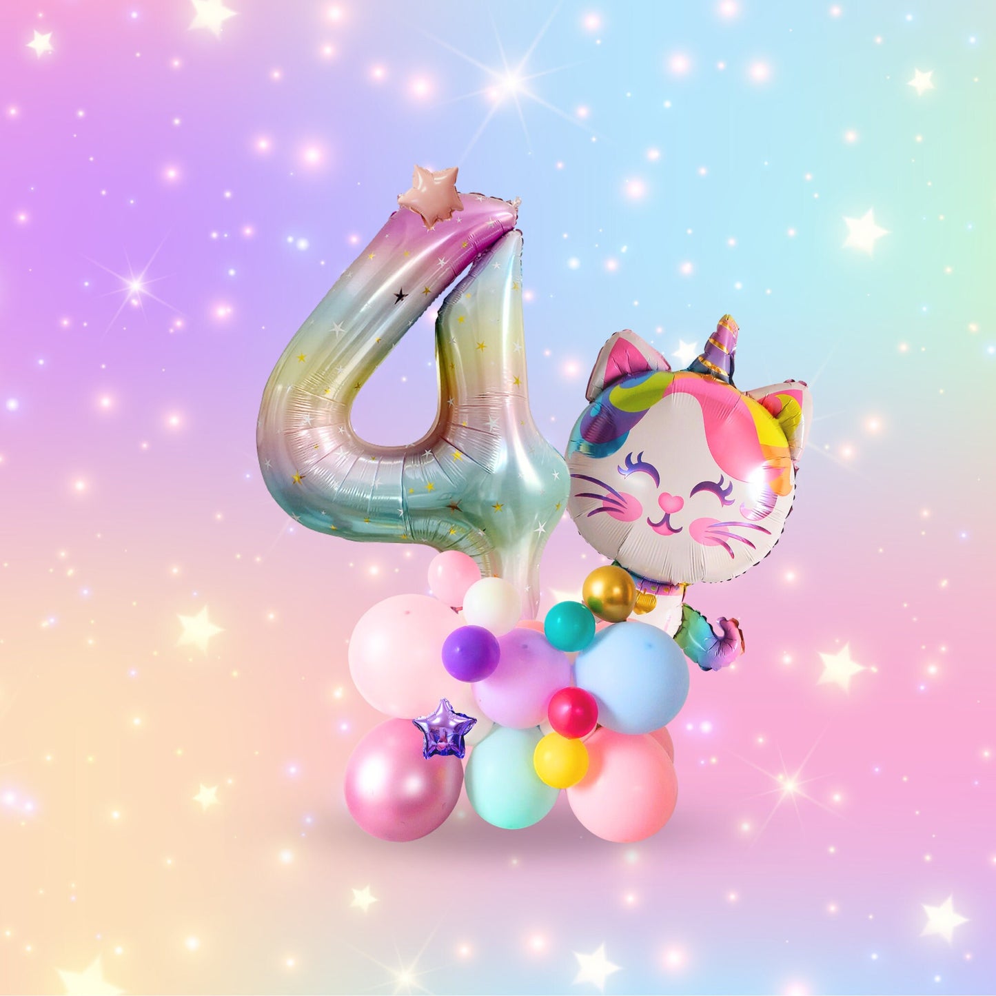 Rainbow unicorn cat stars girls birthday balloon sculpture bouquet